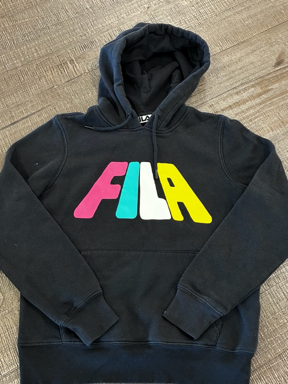 FILA Black Crewneck Hoodie with Pink, Teal, White & Yellow Logo